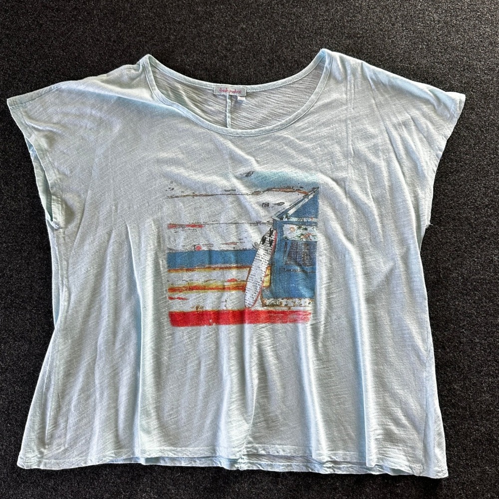 Fresh Produce Womens OS Blue Slub Knit Beach Graphic Tee Made in USA Boxy Top